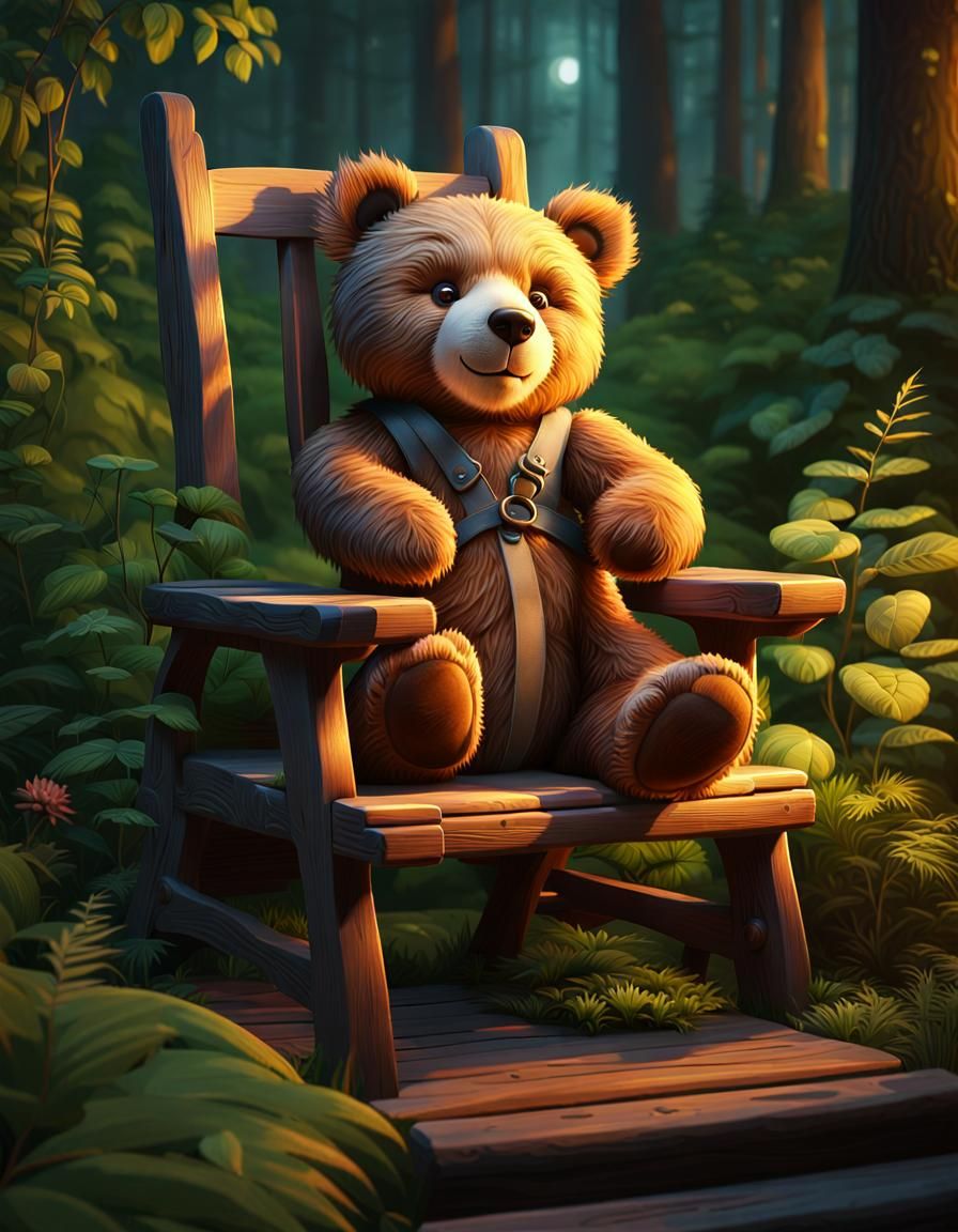 Teddy Bear in Forest Illustration, Hyper-Detailed Textures