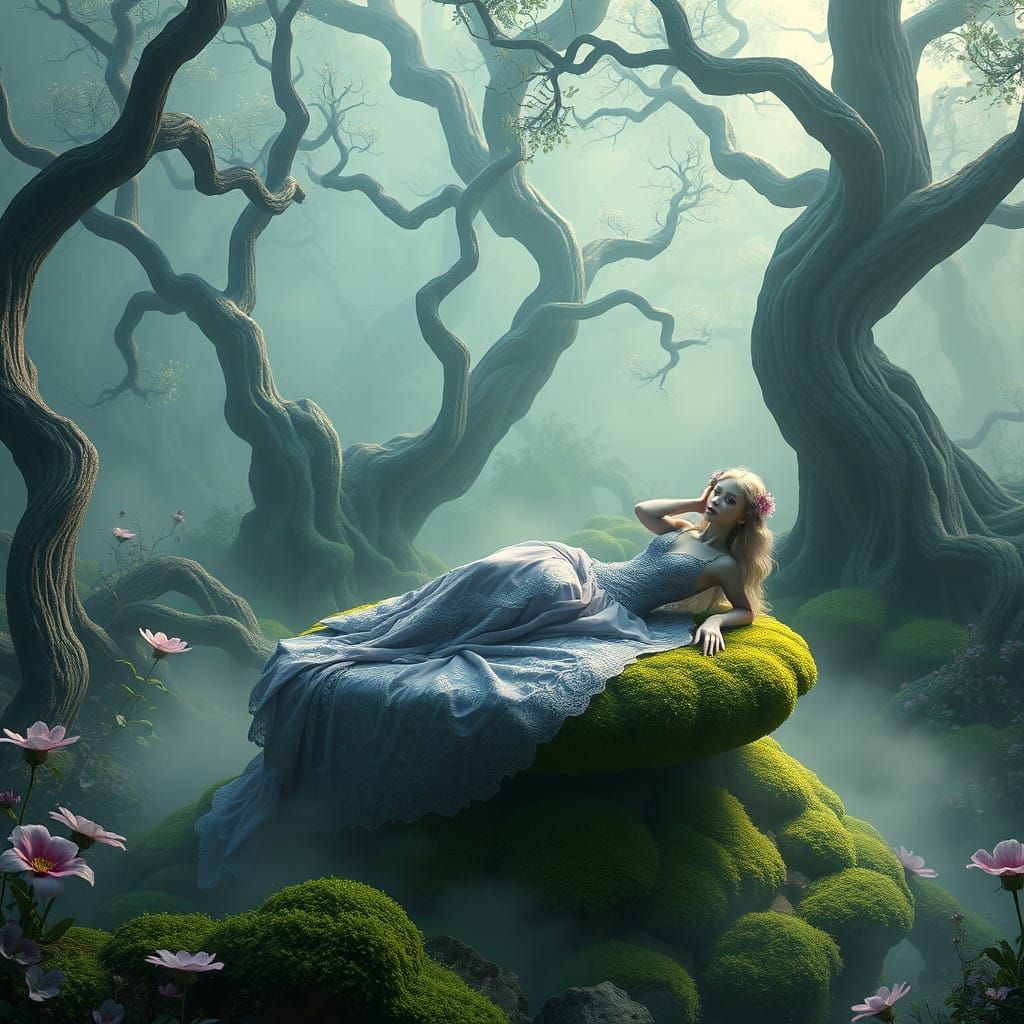 Dreamlike Garden Scene with Serene Maiden
