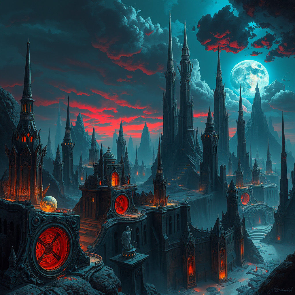 Mystical Landscape with Ancient Spires, Fantasy Concept Art