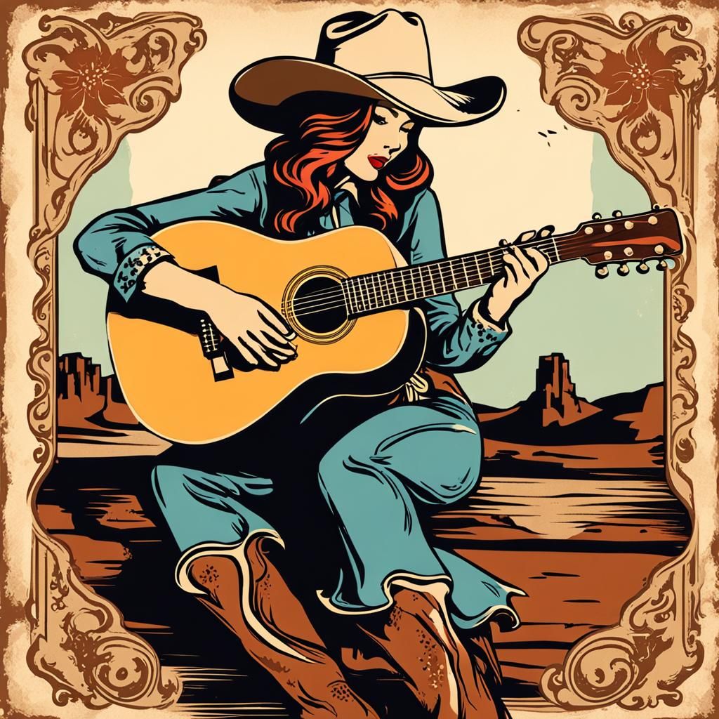 Cowgirl Strums Guitar in Vintage Postcard Style