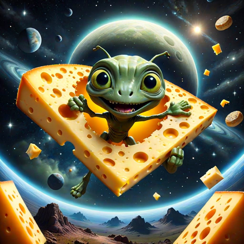 Cheesy UFO Soars Through Cosmic Skies in Digital Art