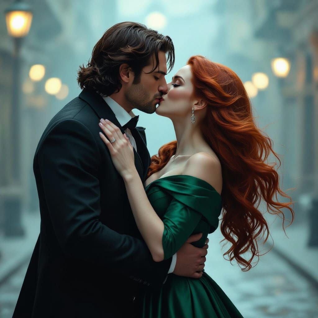 Passionate Kiss: Redhead in Emerald Dress with Detective