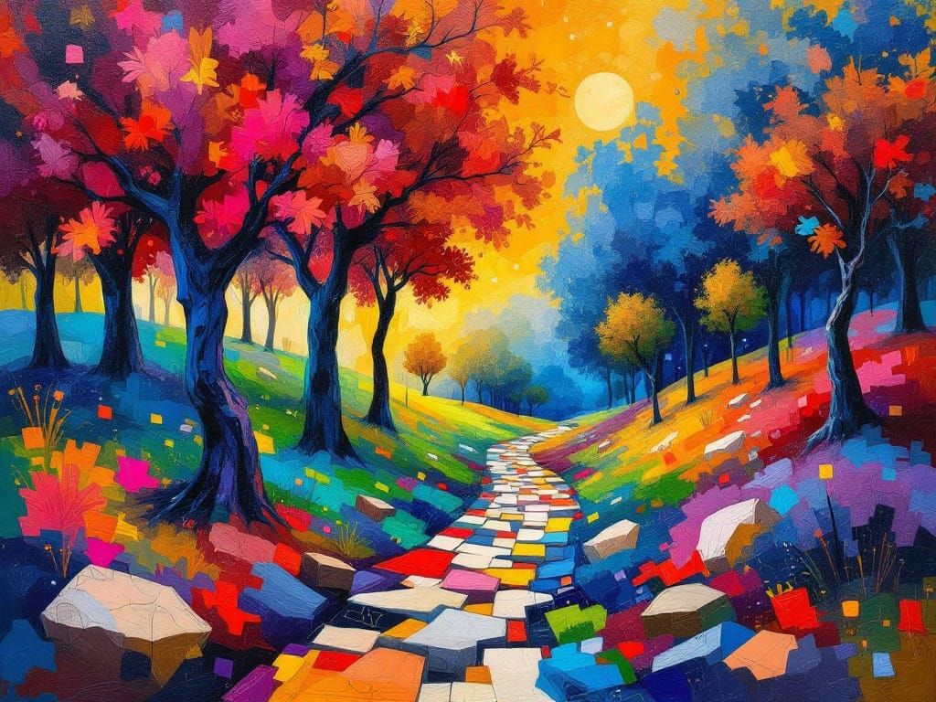 Abstract Landscape of Colorful Swirling Trees and Geometric ...