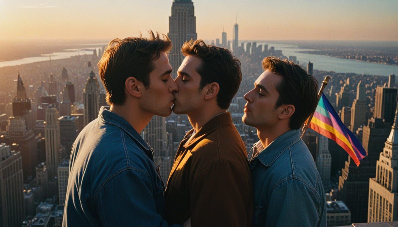 Two Men Kiss at the Top of the Empire State Building in a Ci...