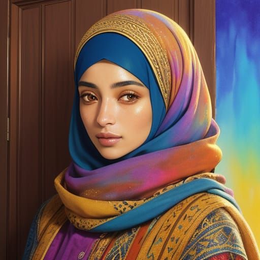 North African Woman in Watercolor with Golden Pigment