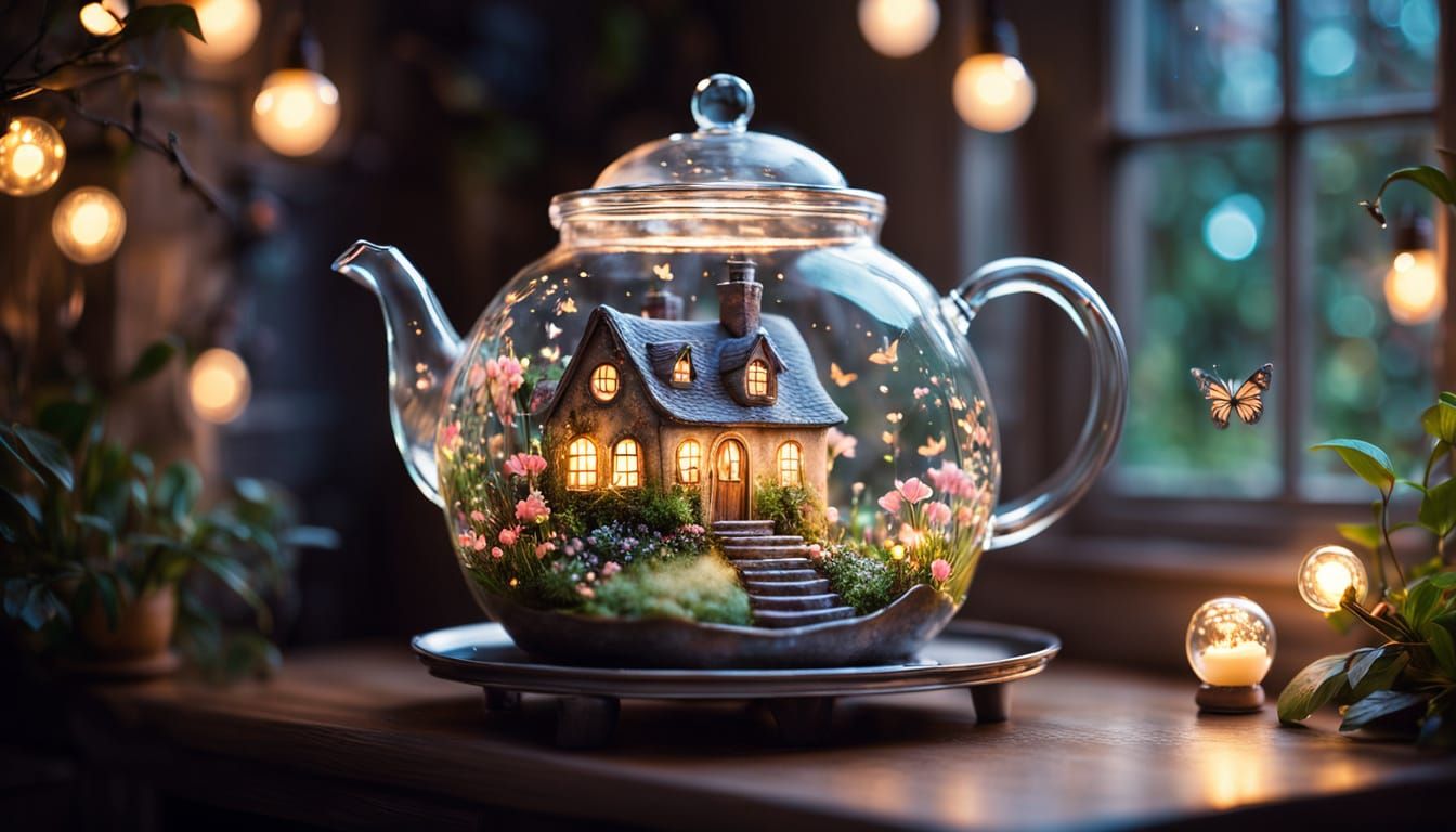 Enchanting Teapot Scene with Miniature Fantasy World