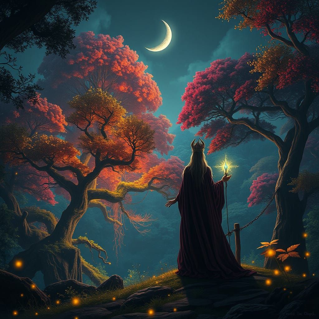 Mystical Sorceress Amidst a Vibrant Lush Forest in a Detaile...