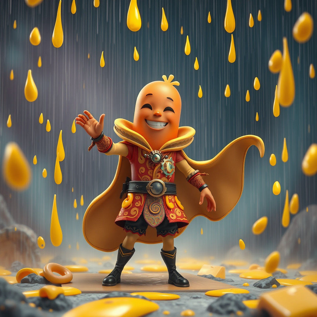 Sausage Hero in Cheese Rain, as 3D Computer Art