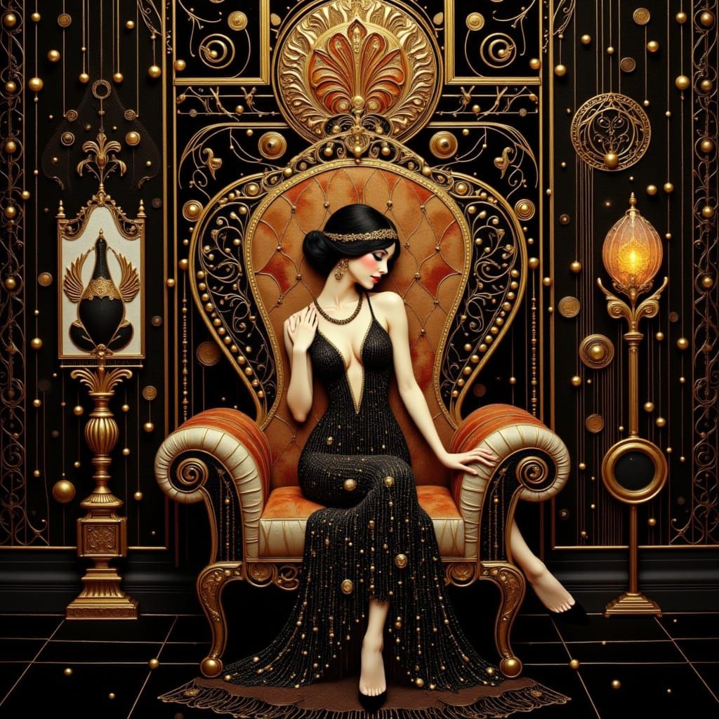 Flapper in Opulent Art Deco Parlour, Black and Gold