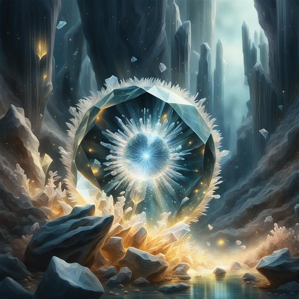 Crystals Manifesting Life in Dreamlike Oil Painting