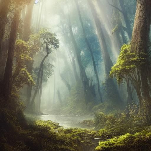 Lush Forest with Golden Light: Oil Painting