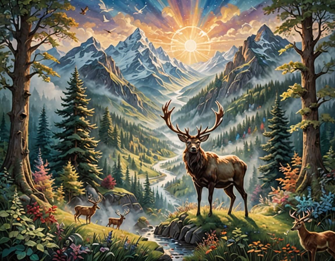 Magical Stag Quilt: Ethereal Fantasy Landscape