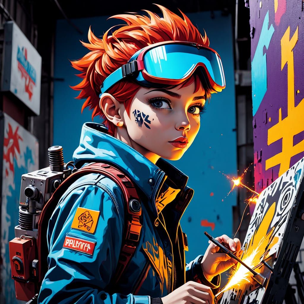 Vibrant Street Art of a Kobold Robot Repairer
