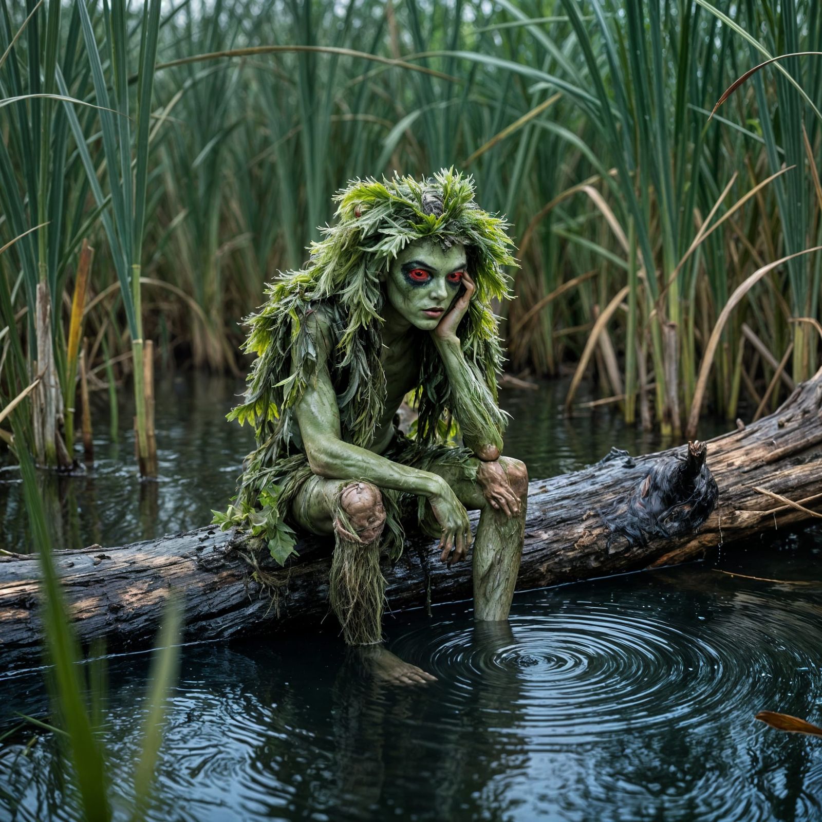 Green Water Man with Seaweed Wig on Log