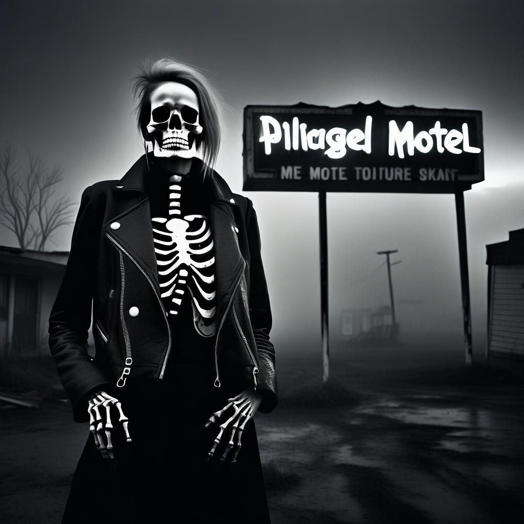 Goth Model Portrait with Neon Sign in Monochrome
