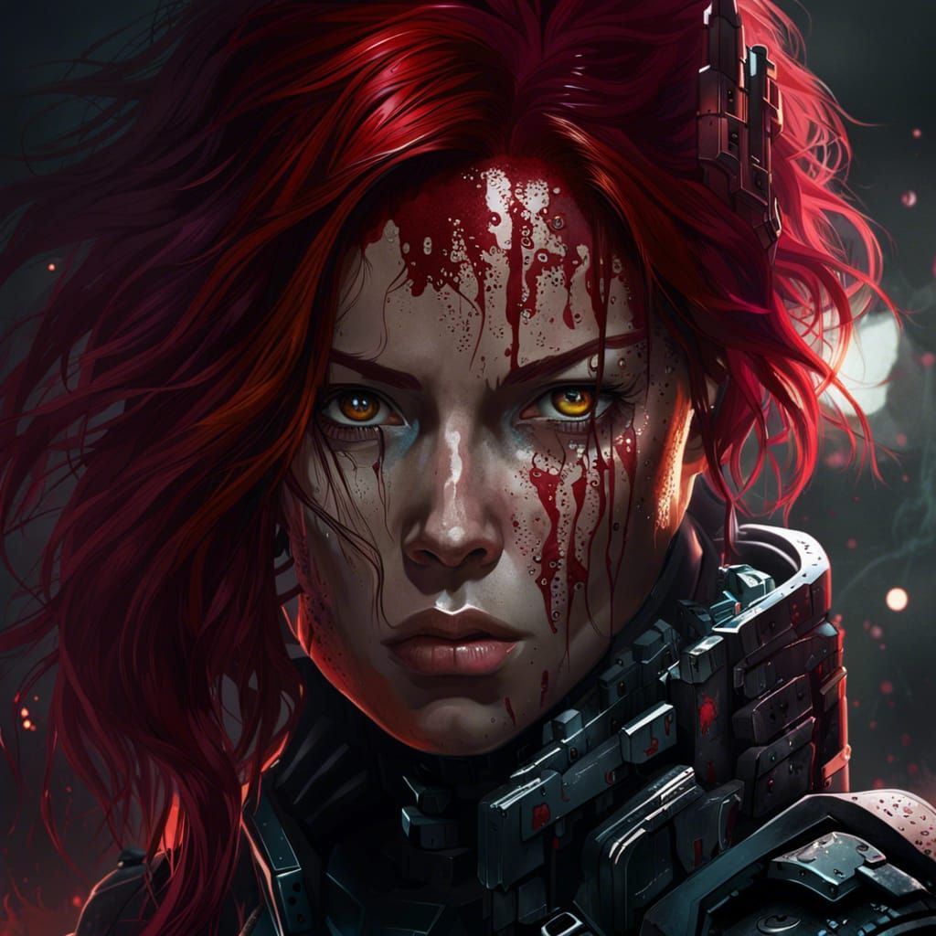Apocalyptic Cyborg with Red Hair in Dark Art Style