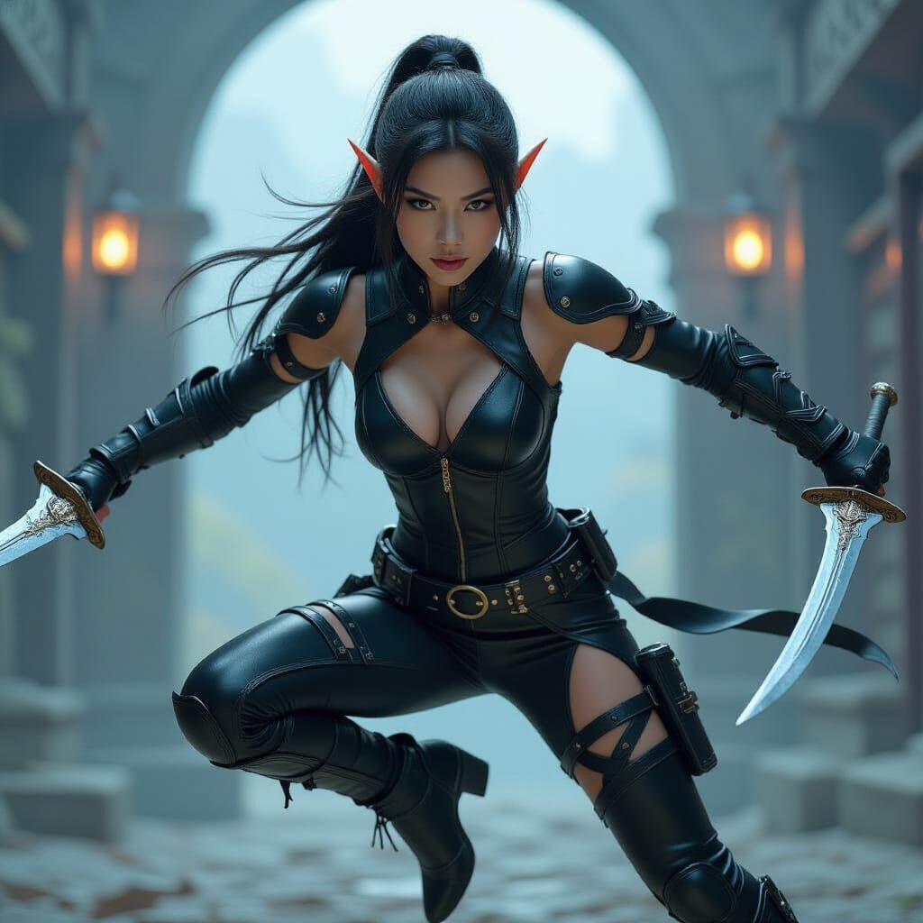 Dynamic Elf Warrior in Fantasy Skinsuit