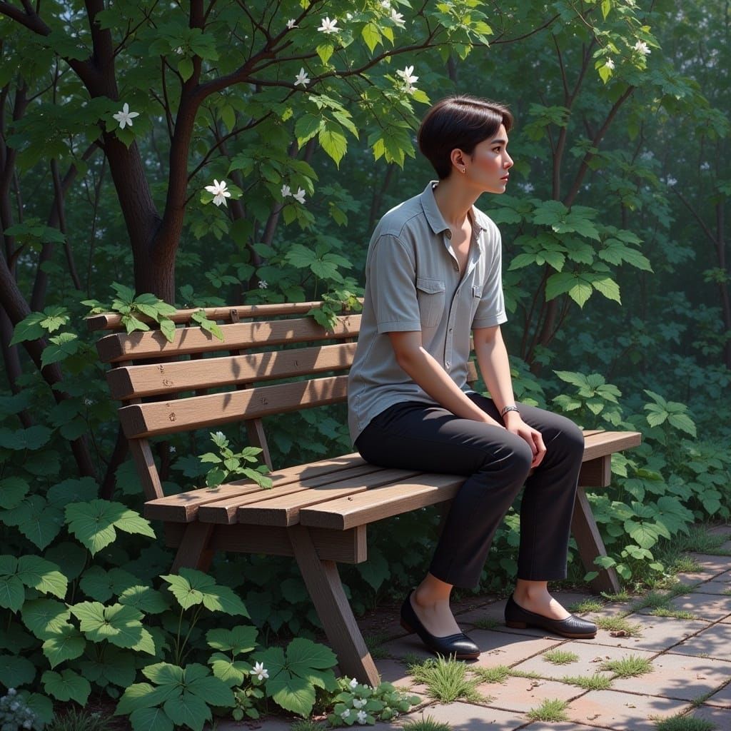 Person on Bench in Impressionistic Garden