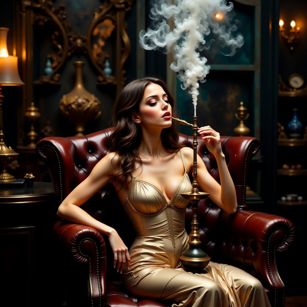 Elegant Woman Smoking Hookah in Art Nouveau Style