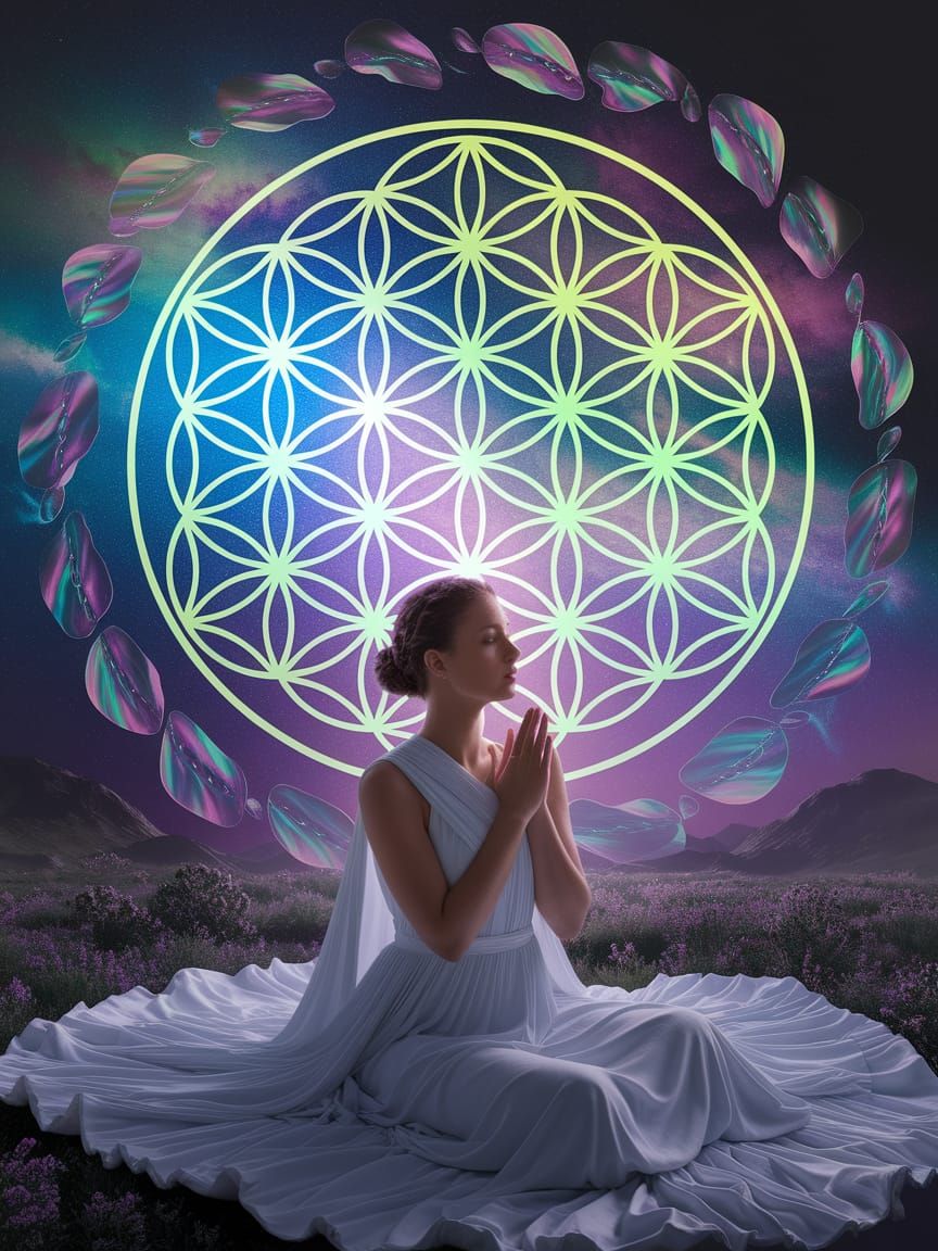 Woman Contemplating Cosmic Flower of Life in Dreamy Style
