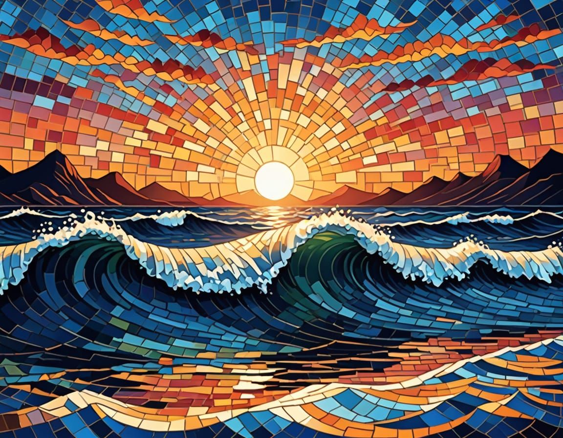 Mosaic Sunset: Maximalist Wave Function Vector Art