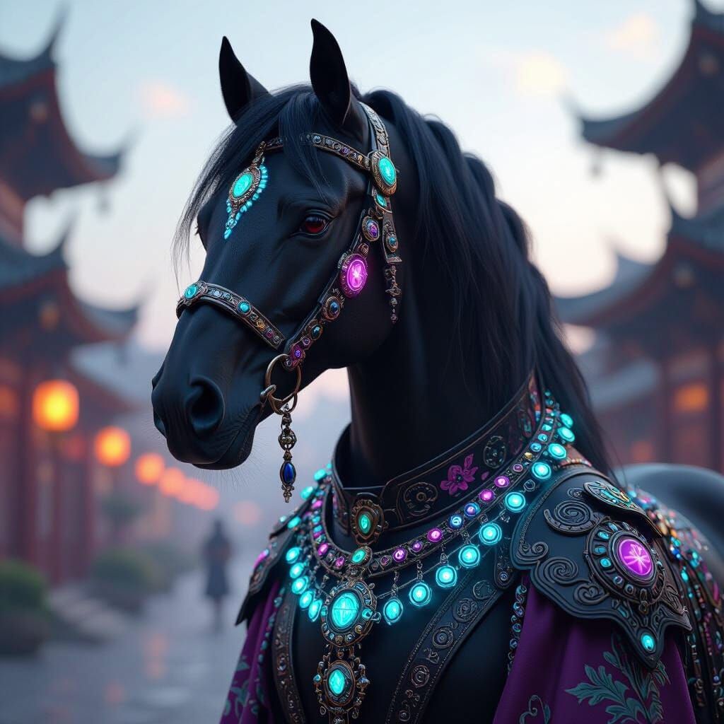 Majestic Black Horse in Futuristic Cybernetic Attire