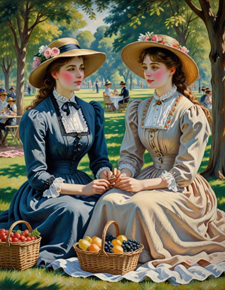 Victorian Picnic in Park, Oil on Canvas in Renoir Style