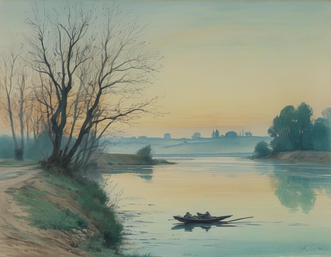Banks of the Marne at Dawn: Watercolour Painting