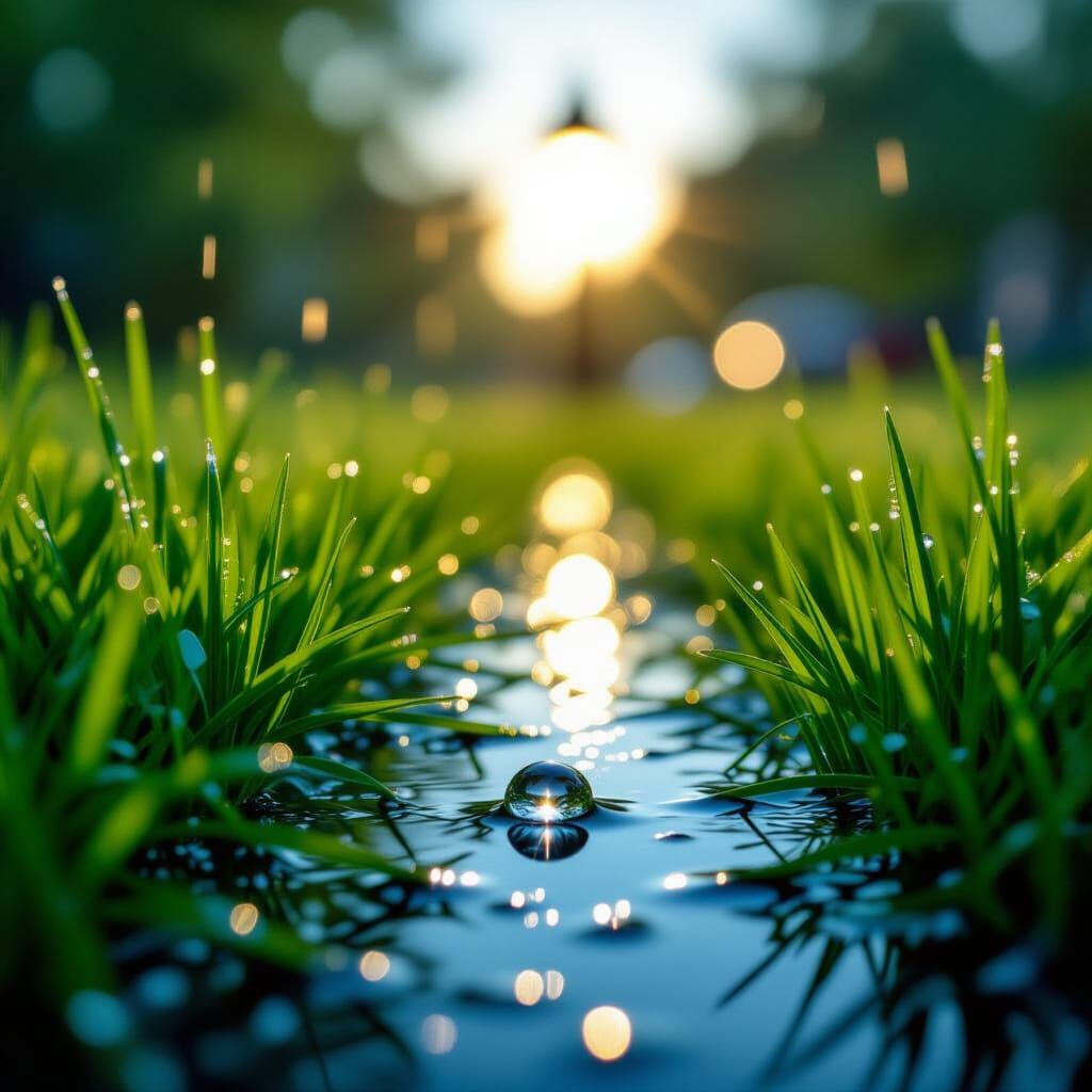 Rain-Kissed Grass Reflects Street Lamp Light