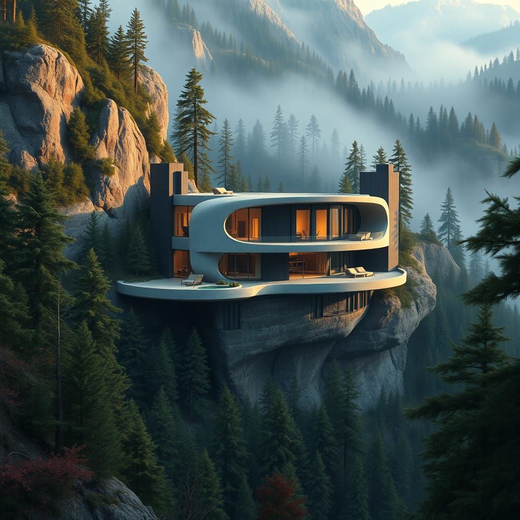 Sleek Modern Cliffside Residence Amidst Majestic Pine Forest