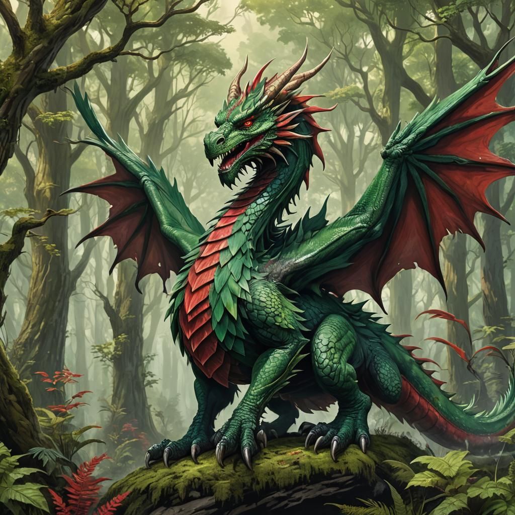 Feathered Green and Red Dragon in Fantasy Forest