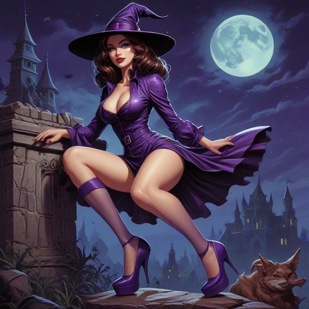 Retro Pinup Witch in Purple Heels