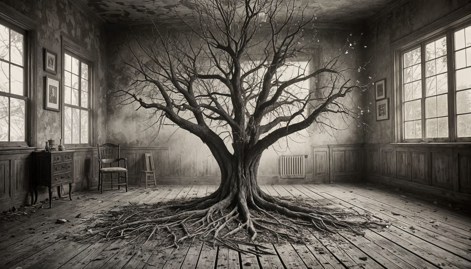 Antique Portrait of Autumn Tree Bursting Through Floor