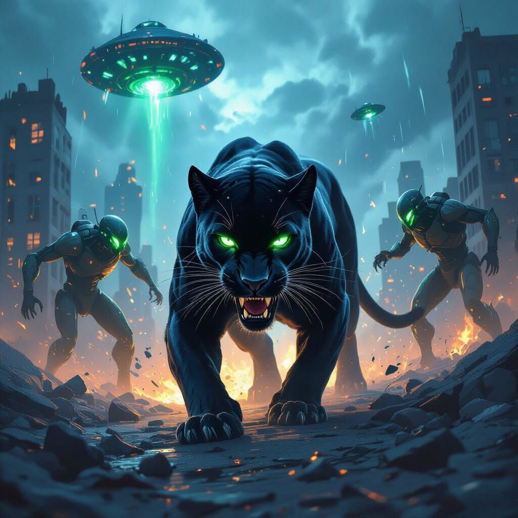 Black Panther Fights Aliens in Digital Painting