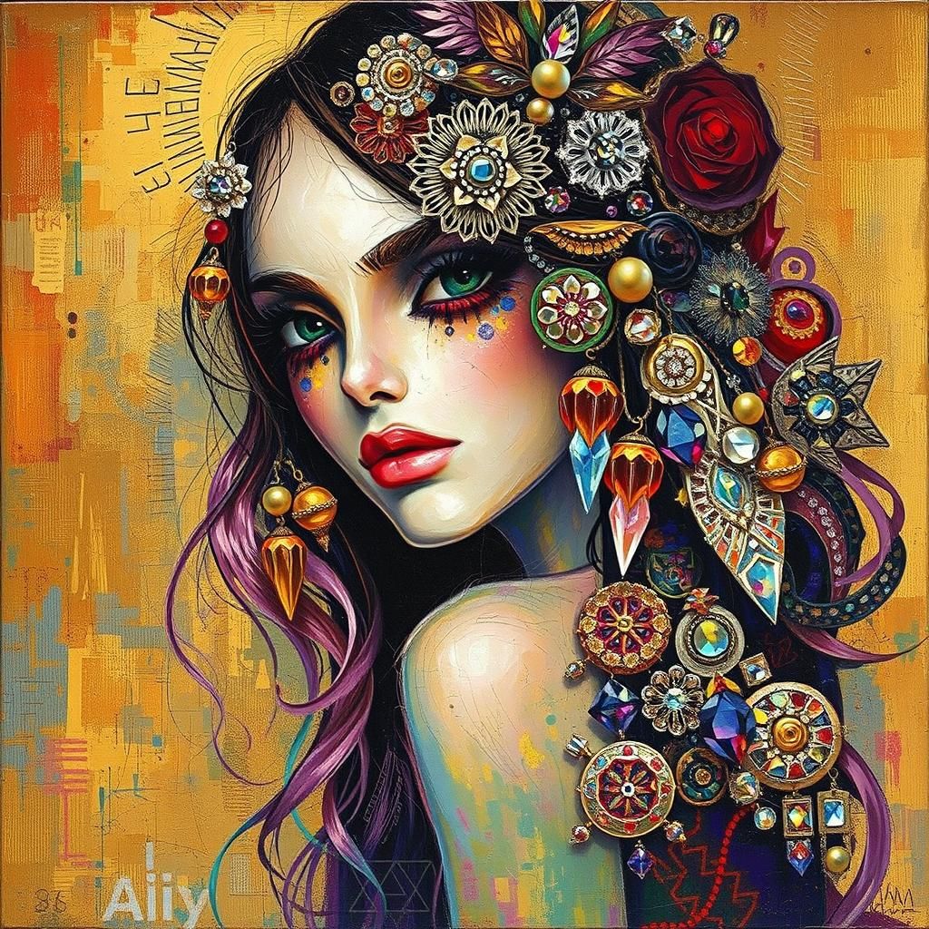 Abstract, shiny woman portrait, her hair full of shiny ornat...