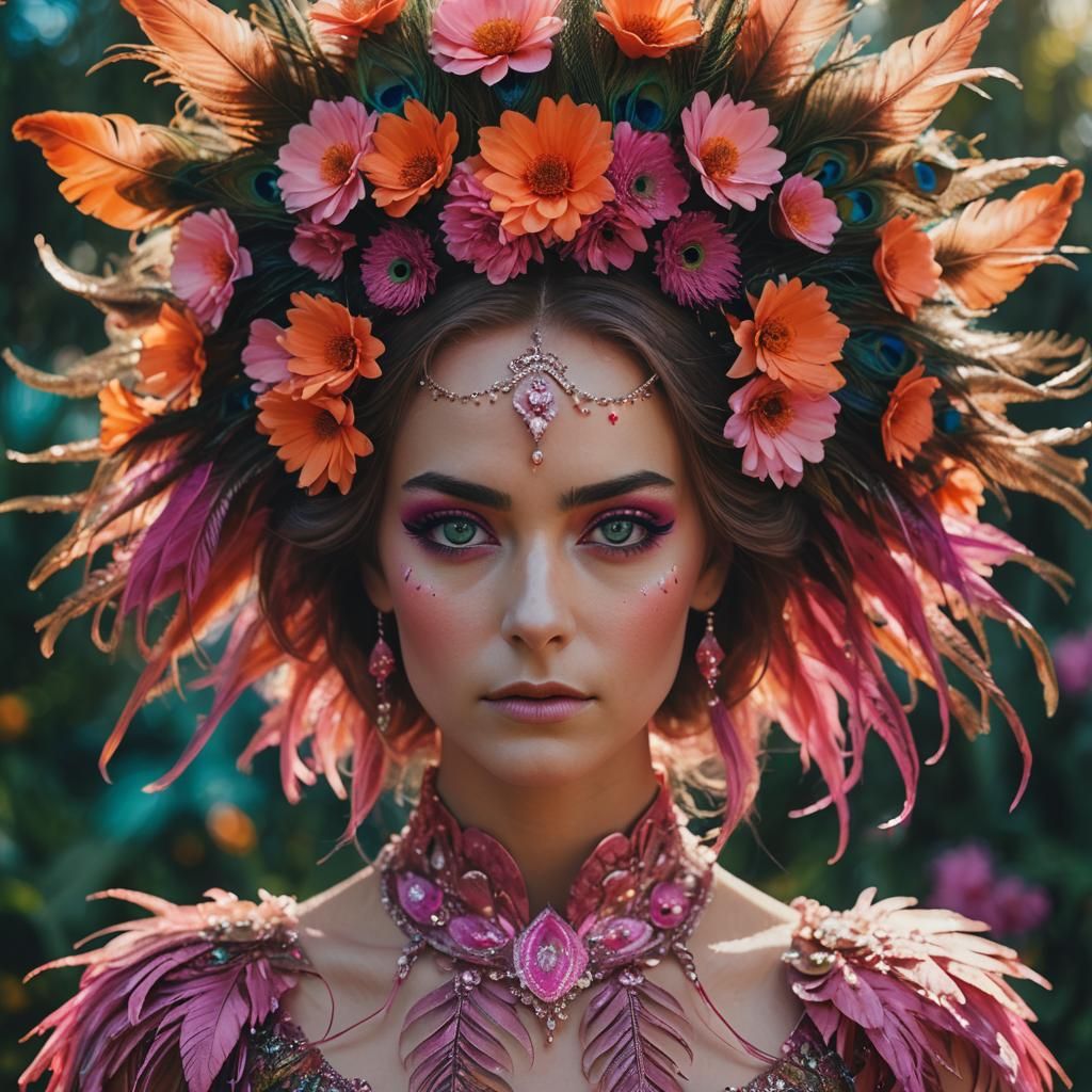 Peacock Haired Woman with Orange Crown: Cinematic Still
