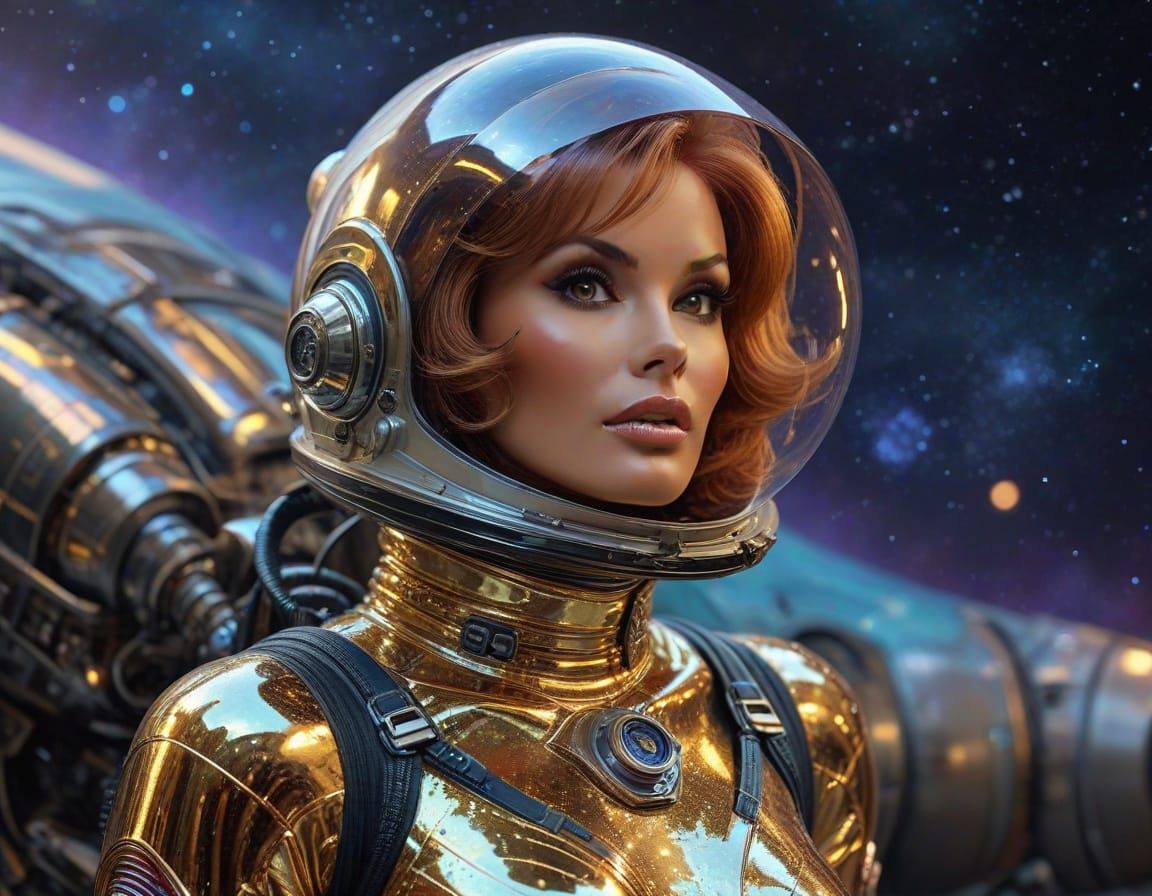 Retro-Futuristic Space Girl in a Steel Spacesuit