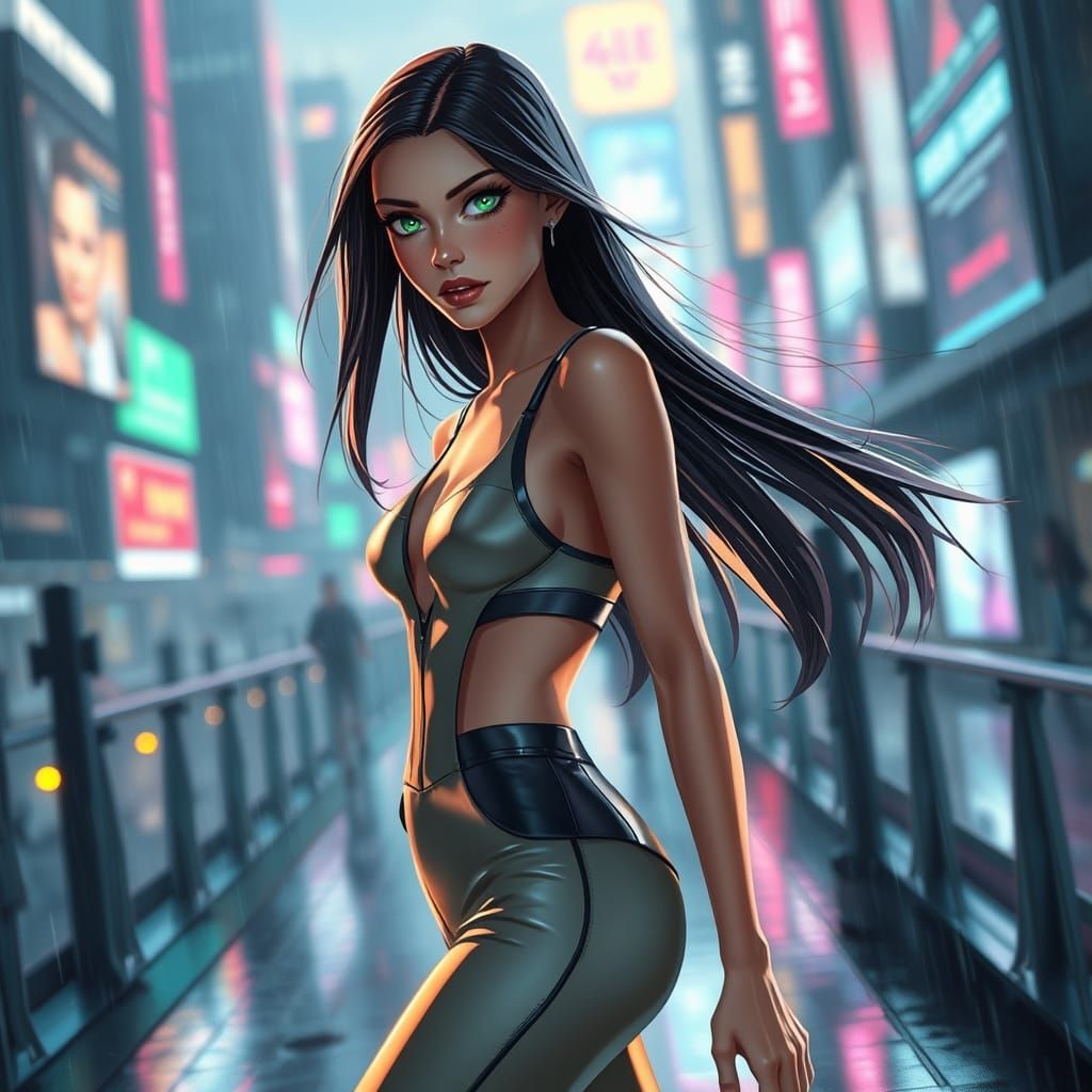 Confident Female Model Struts on Futuristic Runway in Semi-R...