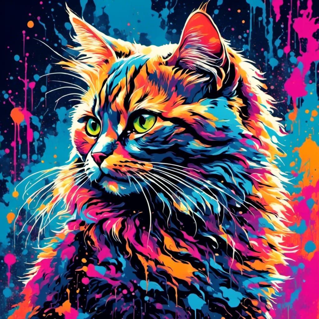 Neon Pop Art Cat Portrait in Anime Style