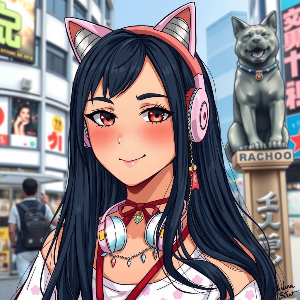 Brazilian Woman at Shibuya Station in Anime Style