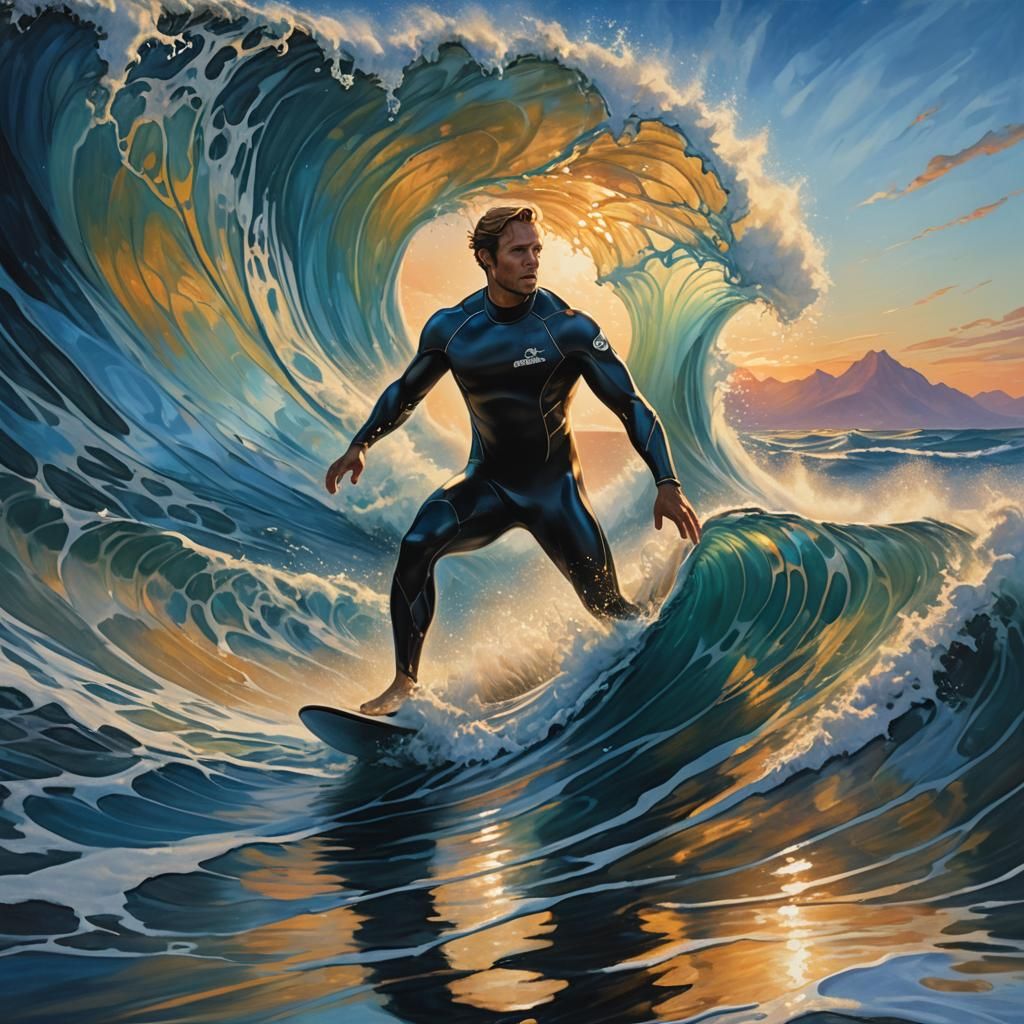 Surfer Rides Gigantic Wave at Sunset: Fantasy Art