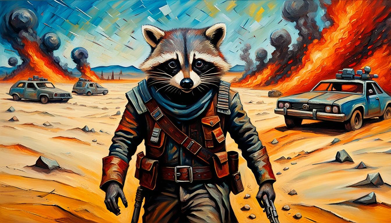 Raccoon Warrior in Dystopian Desert, Expressionist Oil Paint...