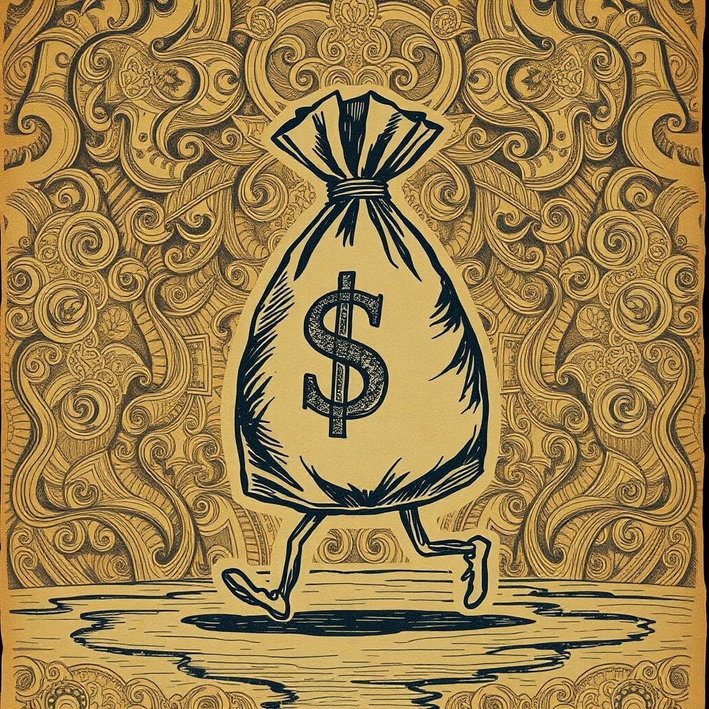 Humorous Money Bag Walks Away: Scratch Paper Art