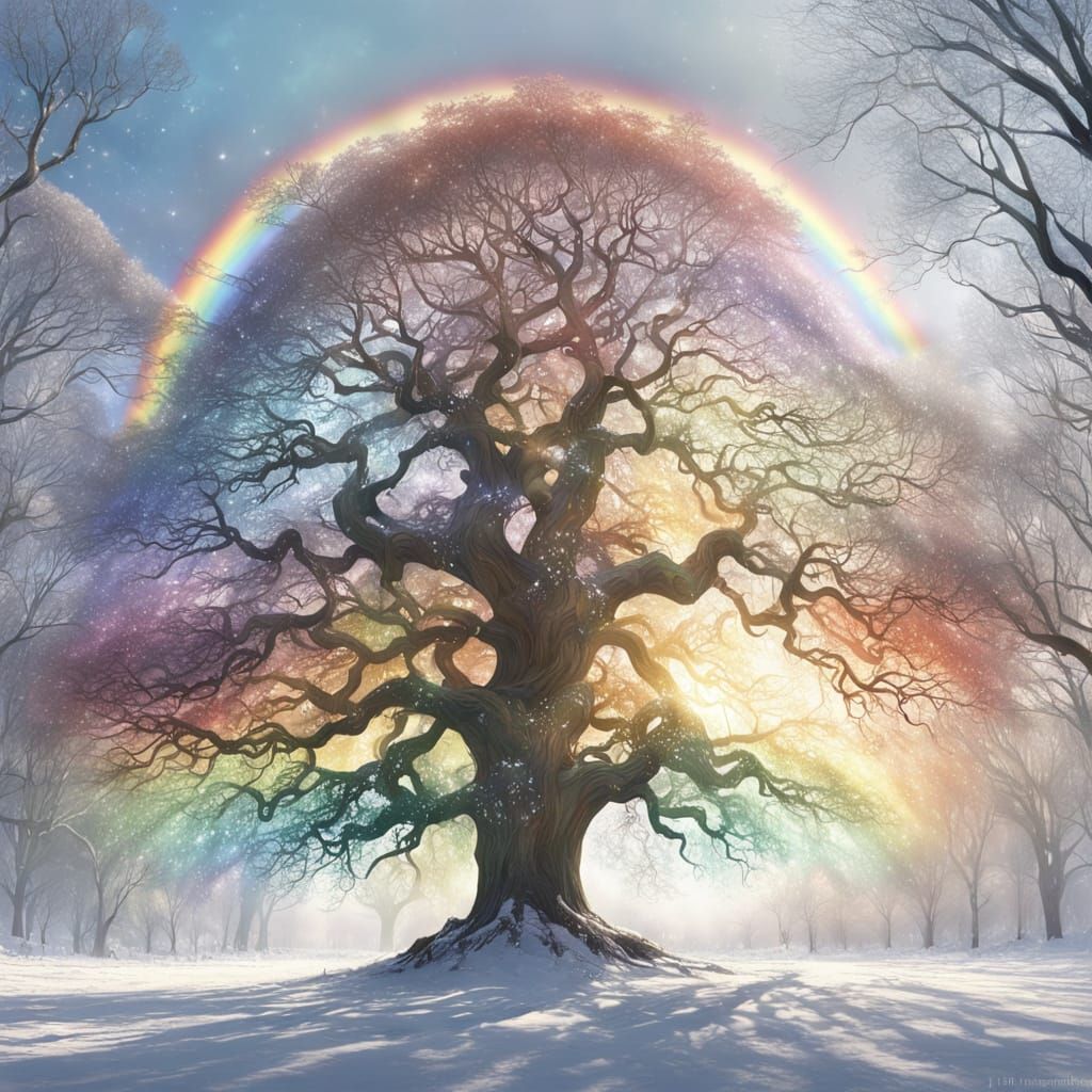 Rainbow Stained Glass Tree in Snowy Winter Landscape