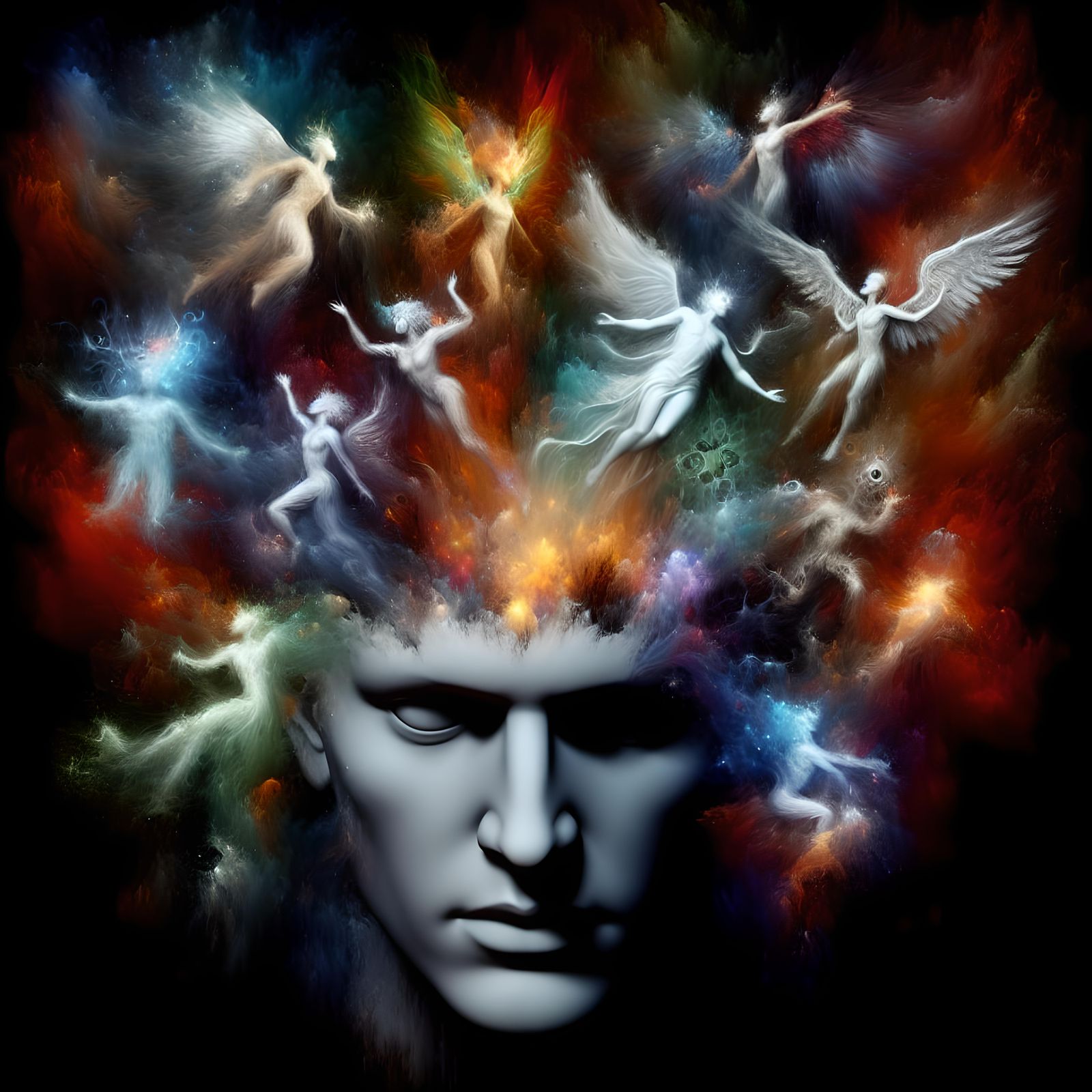 Angels and Demons Exploding From a Person's Head