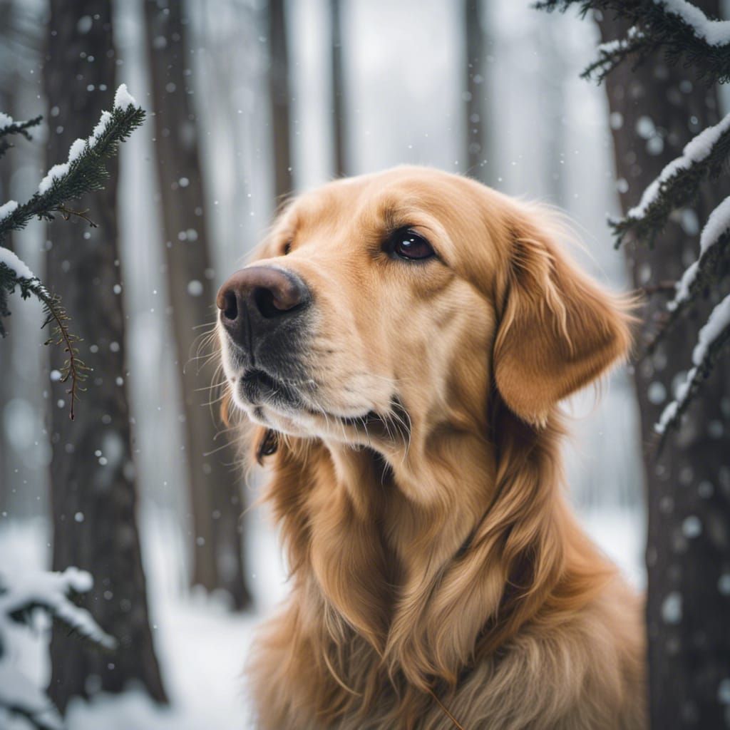 Golden Retriever Portrait in Snowy Forest