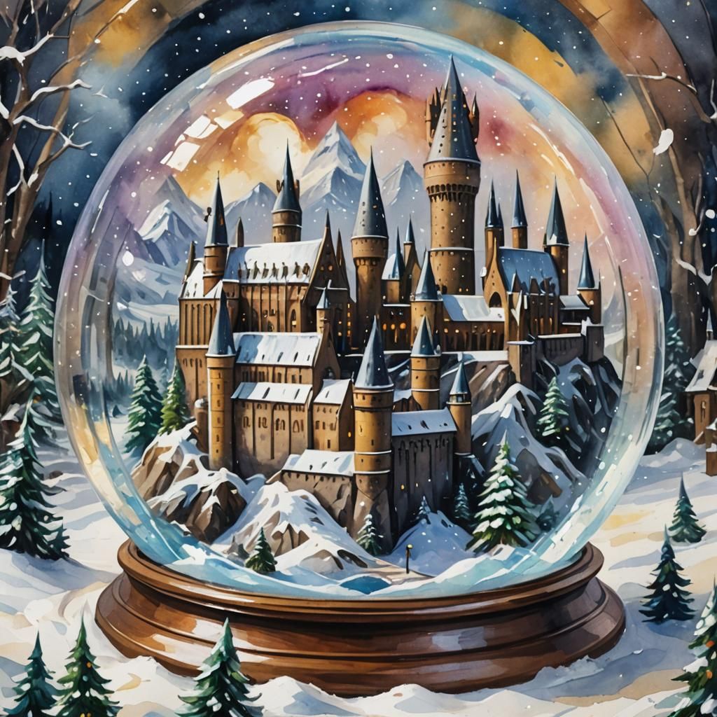 Hogwarts in Snow Globe: Gouache Watercolor Painting