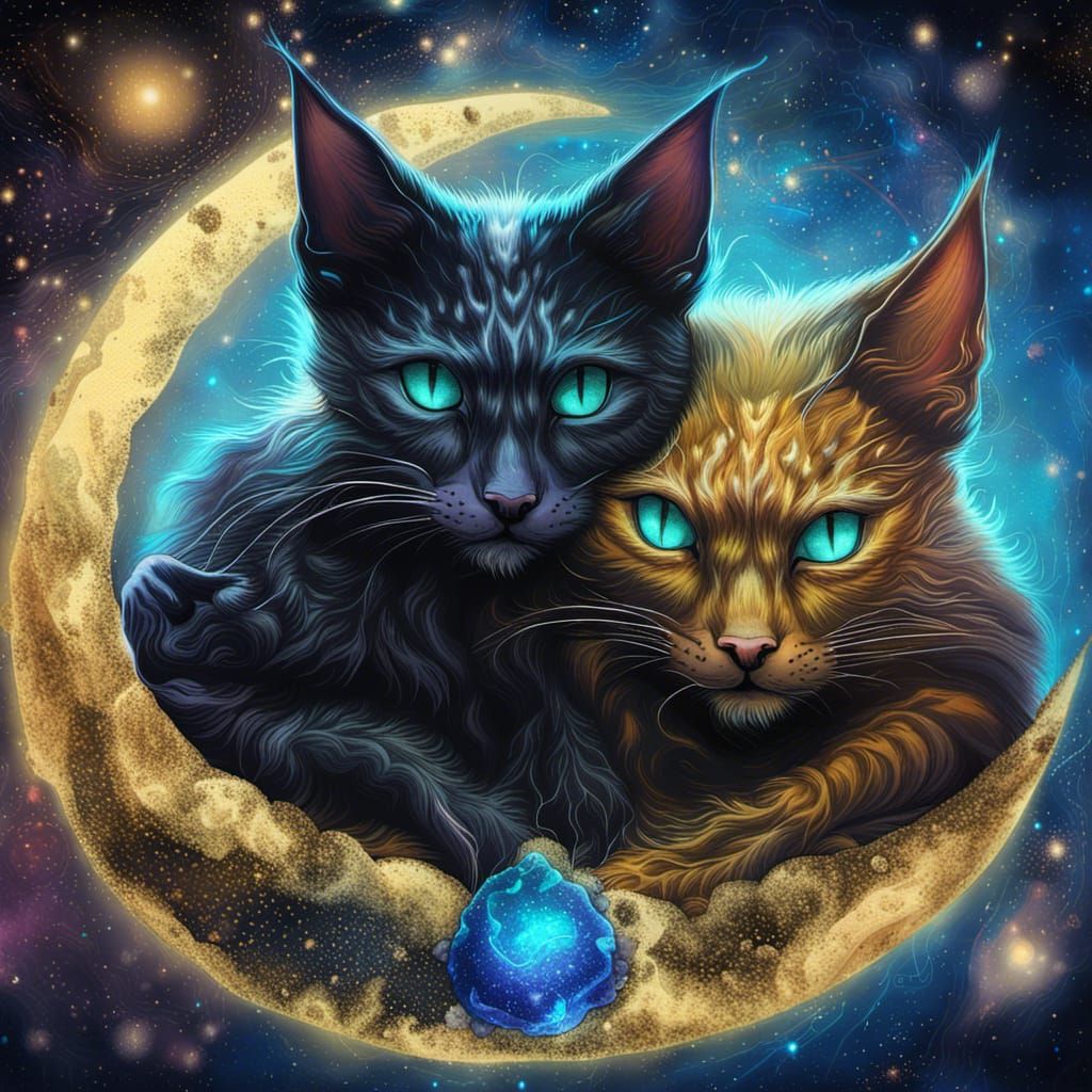 Cosmic Bat-Cats Cuddling in Astral Illustration