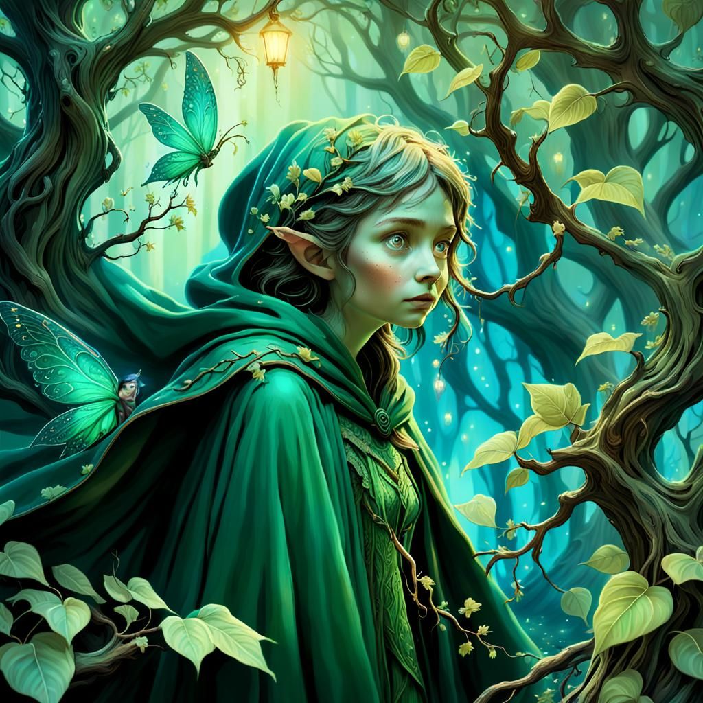 Mischievous Fairy Watching Traveler in Enchanted Forest