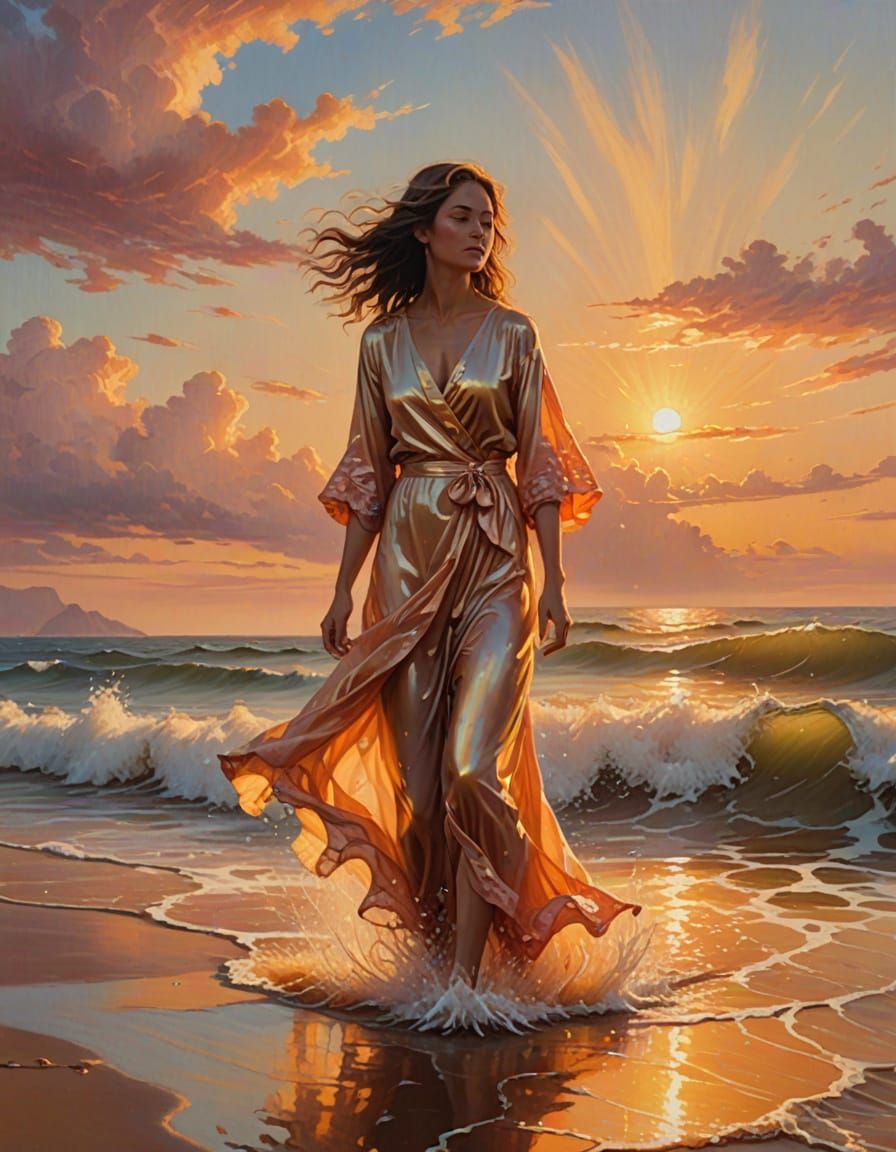 Golden Sunrise on the Shore: A Fantasy Oil Painting